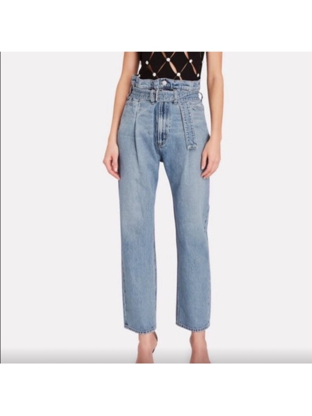 Agolde Light Blue High-Rise Paperbag Jeans with Self-Tie Belt